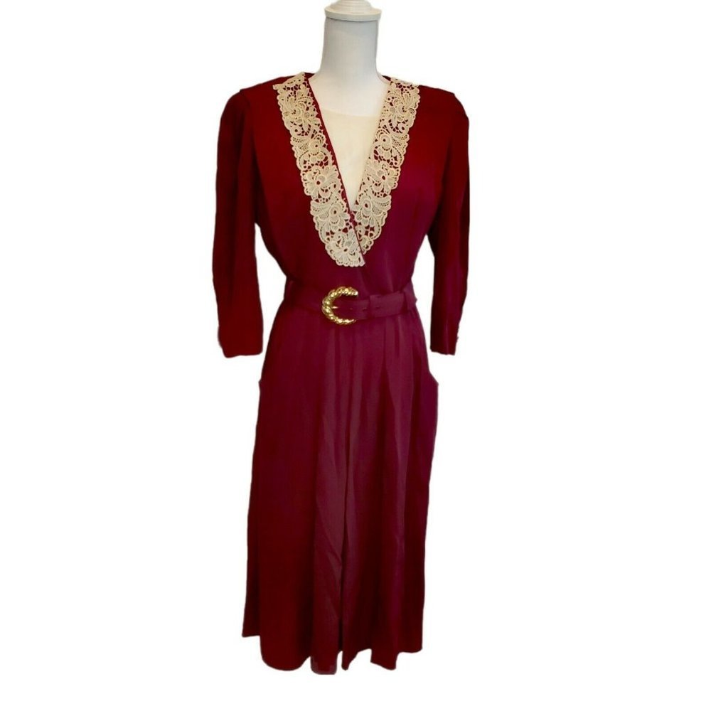Vintage 80s Secretary Blouson Dress Crochet Collar Small Burgundy Belted
